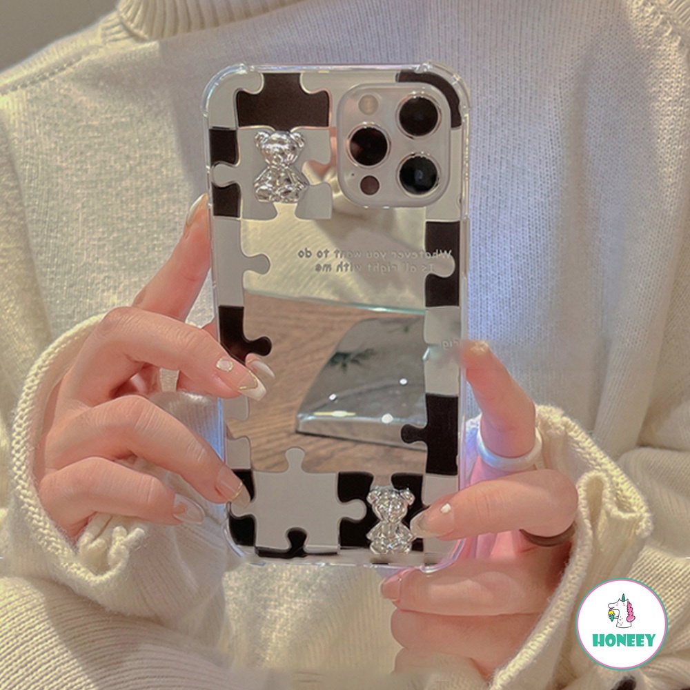 3D Korean Plating Bear Makeup Mirror Clear Phone Case compatible for IPhone 14 13 12 11 Pro Max X XS XR 8 7 Plus Anti-Slip Soft TPU Shell