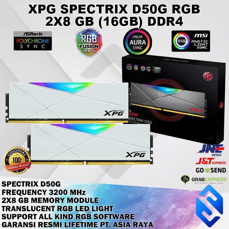 MEMORY RAM XPG SPECTRIX D50G 16GB 2X8GB 3200 MHz WHITE MURAH