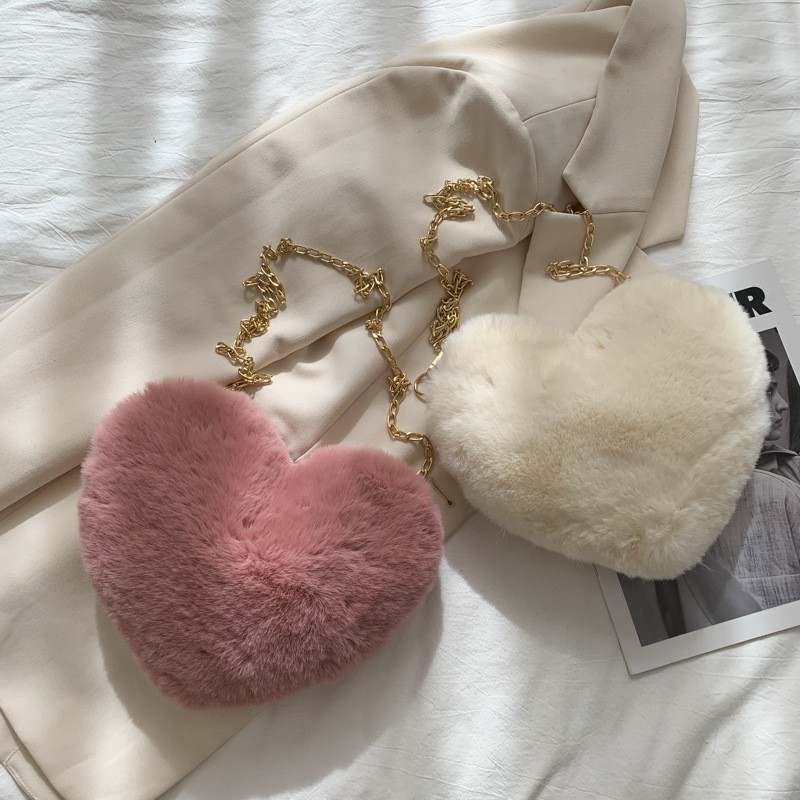 [littlecrab] Tas Selempang Love Bulu Halus Tali Rantai Tas Unik Soft Fur Love Sling Bag Berkualitas Tas Lembut Kecil Korean Style