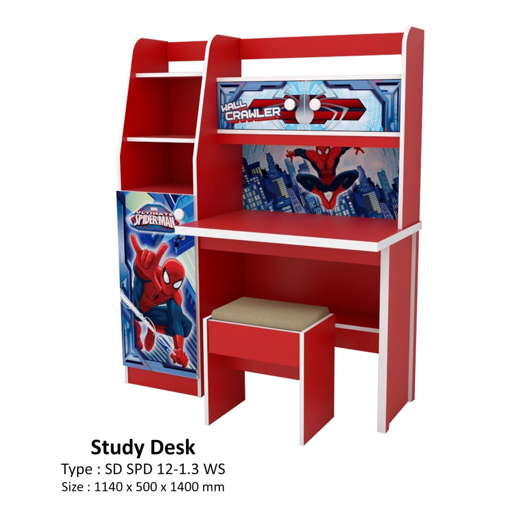 Napolly Meja Belajar Spiderman Lemari Kursi Bangku Anak Set Kayu Kids Study Desk Chair