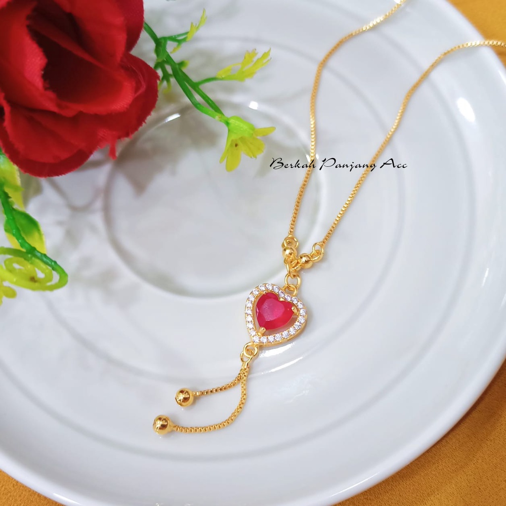 Kalung Wanita Motif Love Permata Merah Menawan Anti Karat/Tidak Luntur