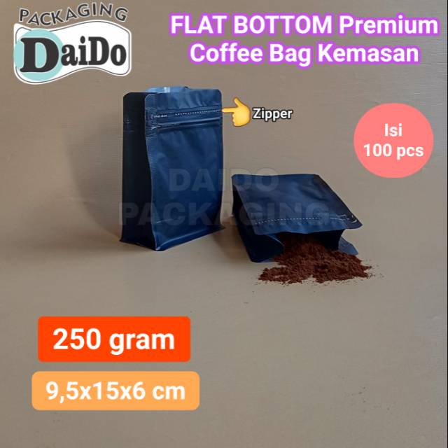 Flat Bottom Hitam 250 Gram Premium Coffee Bag Kemasan Kopi Pouch Isi 100pcs