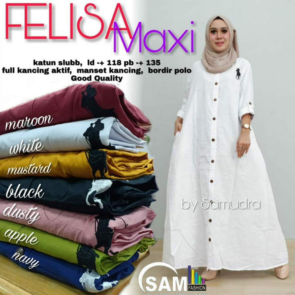 REAL PICTURE FELISA MAXY (LD 118 cm) LONG DRESS POLOS PUTIH MERAH KANCING DEPAN FULL BUSUI BERKERAH