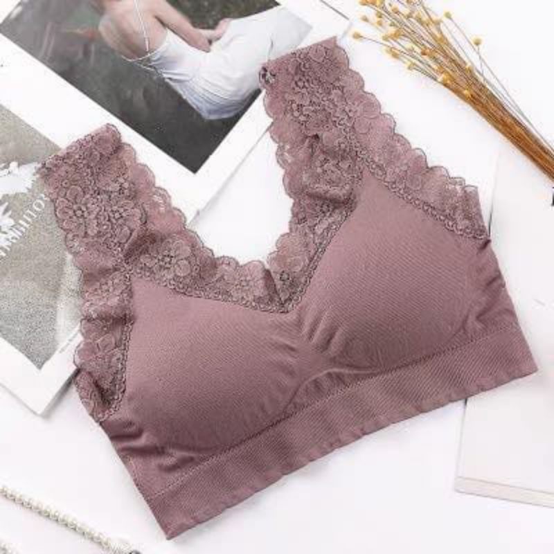 Bra Wanita Sports Bra Baru V-Neck Aksen Hem Lace dengan Pad Busa