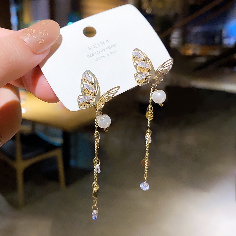 Shuling 925 Silver Needle High-quality Zircon Butterfly Earrings Female Long Tassel Pearl Earrings Super Sweet Ear Jewelry