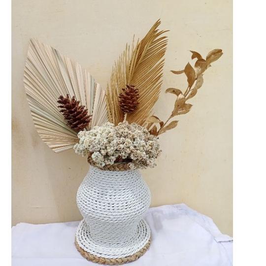 Jangan Sampai Kehabisan Paket Bunga Kering+Pot Guci Mendong Untuk Meja/Daun Palem Kering+Pinus Kerin