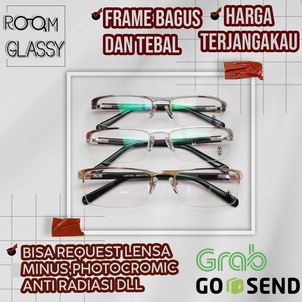 frame kacamata pria CARTIER half frame + lensa photocromik gray . request MINUS / NORMAL 039