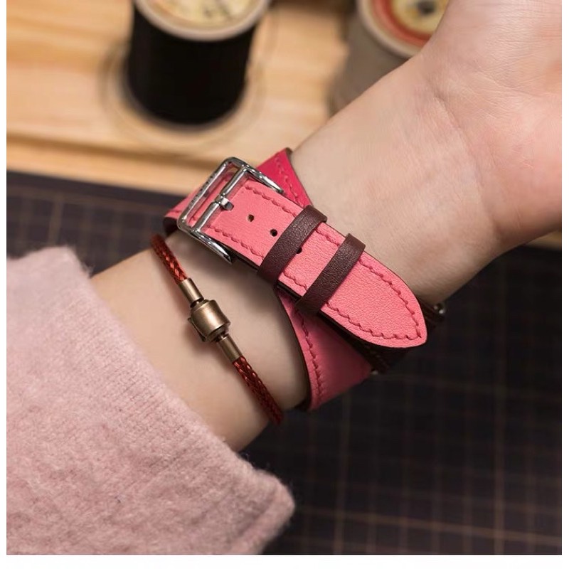 Tali jam tangan kulit 24mm Double tour loop strap apple watch iwatch series 7 SE 3 4 5 wanita leather 6 41MM 45mm 40mm