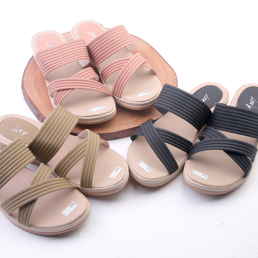 Lexy VEXANA Sandal Wanita Wedges Selop Kokop Motif Garis