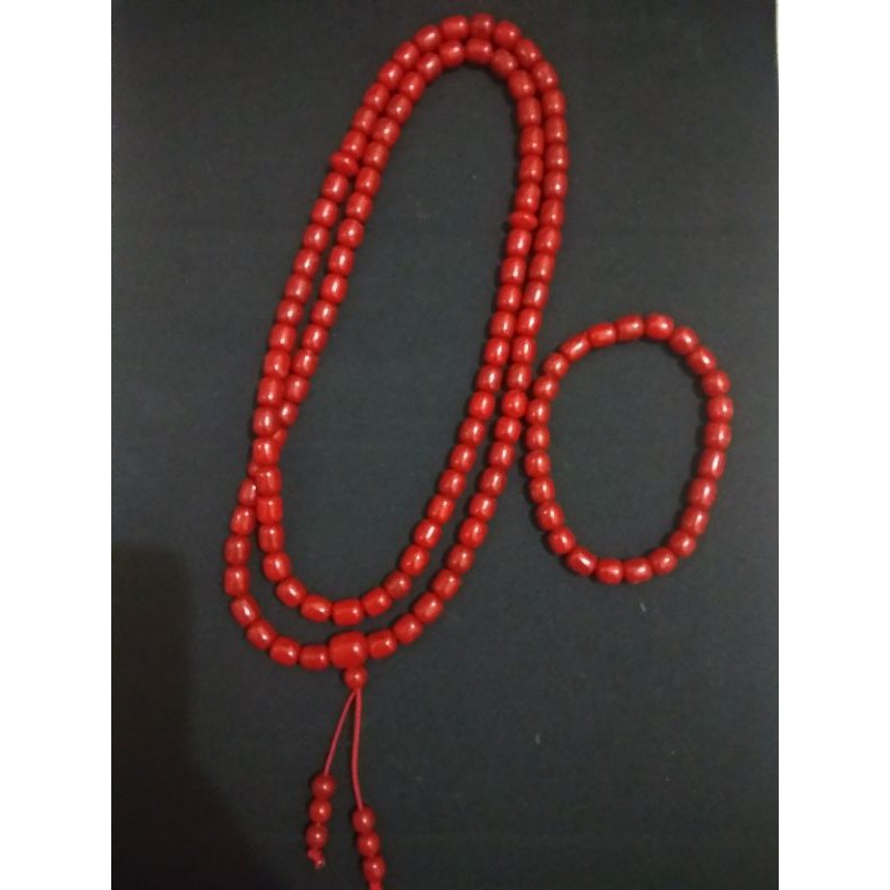 PAKET KOMPLIT 1 TASBIH DAN 1 GELANG KORAL MERAH BATU MARJAN