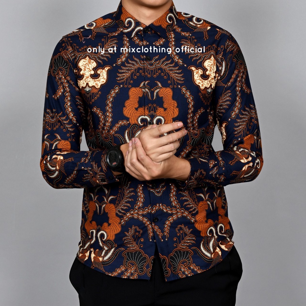 New Premium Baju Kemeja Batik Pria Slimfit Lengan Panjang 1813 Navy