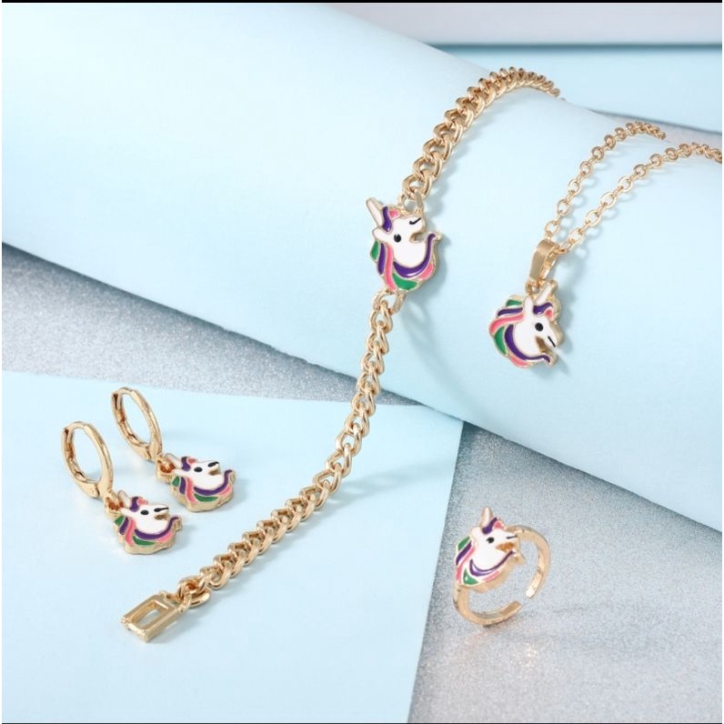 ♥✅COD✨Titanium Set Perhiasan Anak Perempuan Satu Set Kalung Cincin Gelang Anting D415