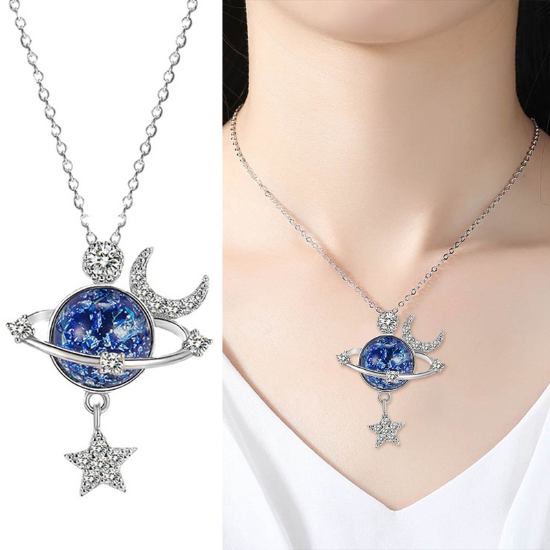 Fancyqube Kalung Sterling Silver 925 Hias Liontin Kristal Zirconia Bentuk Bulan Bintang Planet Biru Untuk Wanita