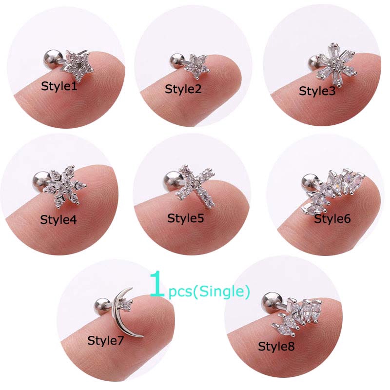 1piece Copper Zircon Earrings Tragus Helix  Piercing 16G