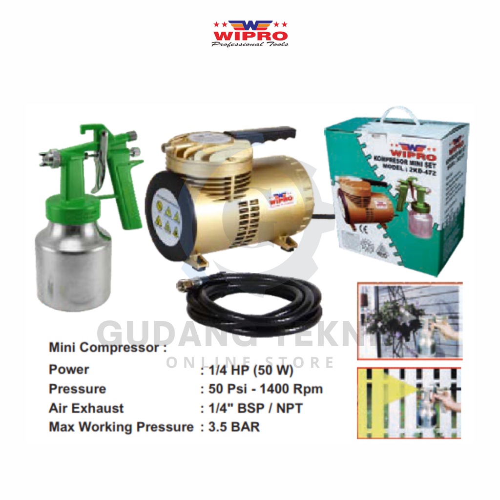 Kompresor Angin Mini SET Tanpa Oli 1/4 HP 50W WIPRO 2KD-472 / Mini Air Compressor SET 1/4 HP 50 Watt WIPRO 2KD472 - WIPRO 2KD 472