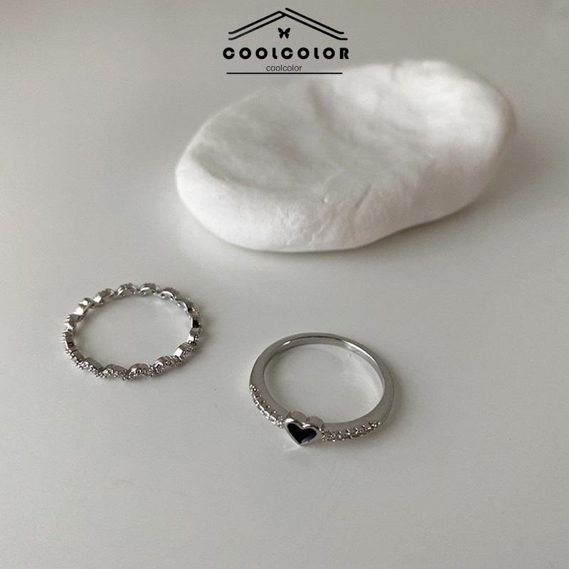 COD❤️2 Pcs/Set Cincin Zirkon Hitam Wanita Anti Karat dan Anti Luntur Hati Cinta Korea Gaya Aksesoris Fashion Murah Impor-cl
