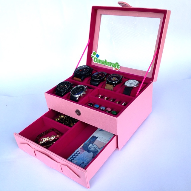 LARGE SIZE - Kotak Jam Tangan isi 6 Mix Perhiasan / Jewelry Box and Accesories Warna PINK SOFT