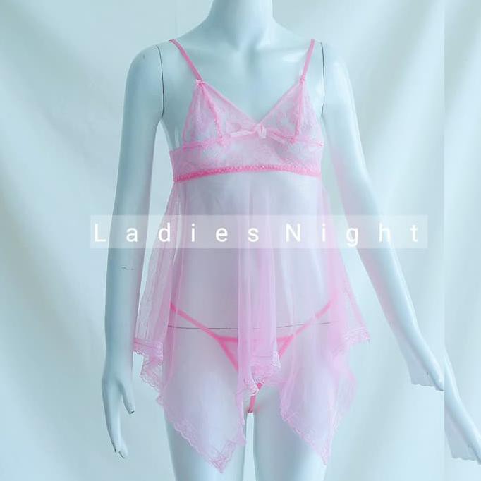 Sale Sweet Pink Larva Sexy Nightdress Lingerie -Pink Laces +Gstring - Merah Muda, Allsize 40-55Kg