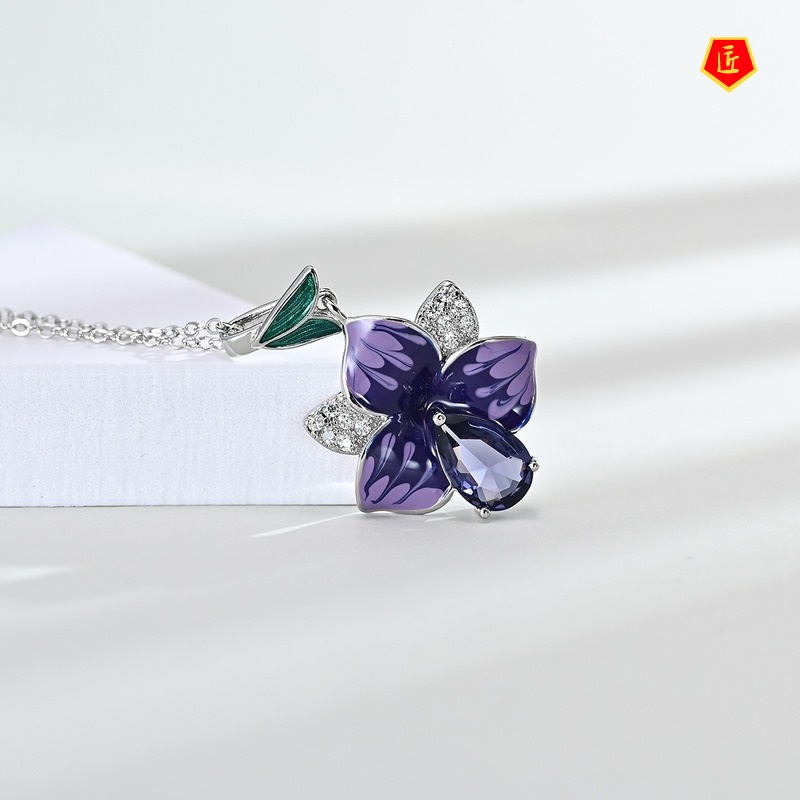 [Ready Stock]Dark Purple Flower Earring Ring Necklace Set for Women