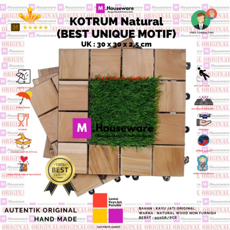 Lantai Kayu Jati MOTIF KOTRUM / Decking Tile Motif kotak mix rumput sintetis uk 30x30cm