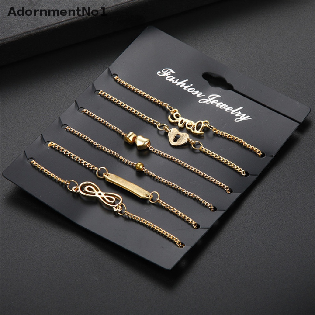 (AdornmentNo1) 6pcs Gelang Kaki Rantai Multisusun Pendan Hati + Infinity Gaya Boho