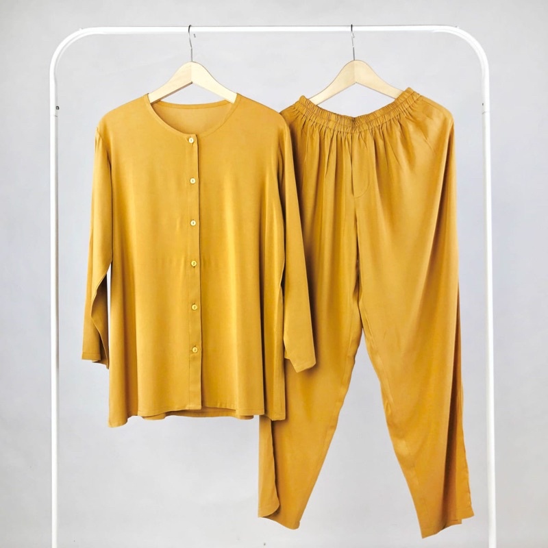 (PIYAMA POLOS) PIYAMA RAYON PAJAMAS RAYON SET BAJU WANITA VIRAL ELEGAN MURAH-MUSTARD