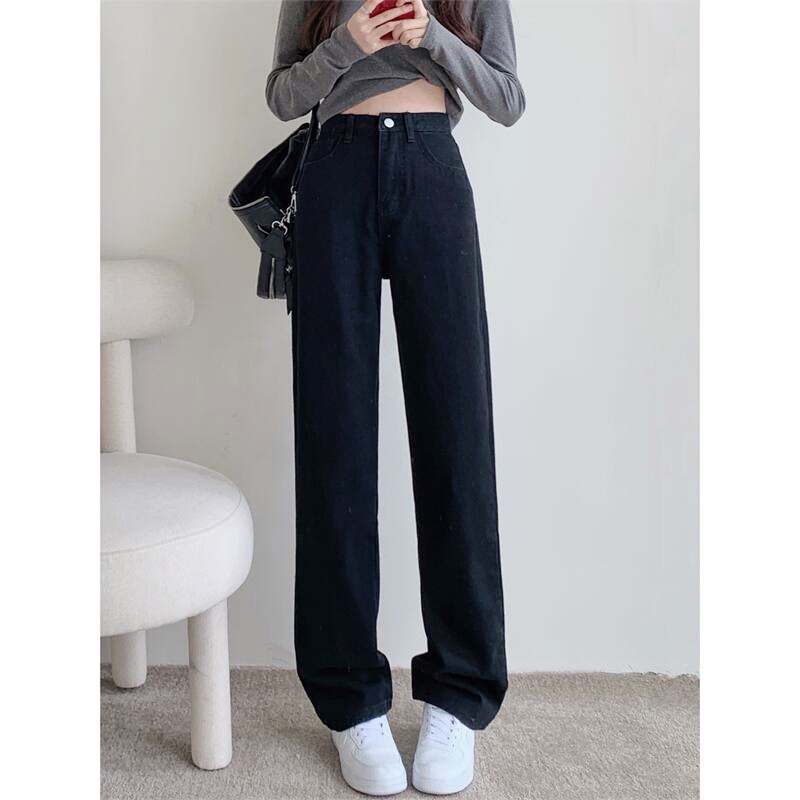 Hitam Celana Panjang High Waist Korean Straight Jeans Kulot Jeans Wanita Kekinian