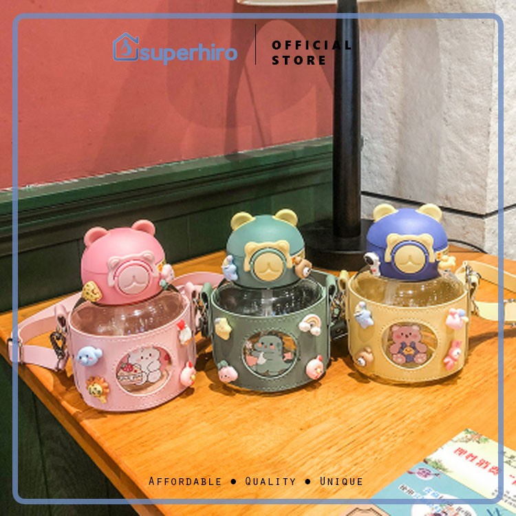 Botol Minum Tali Set + Cover Model Sedotan Anak BPA FREE Teddy Style