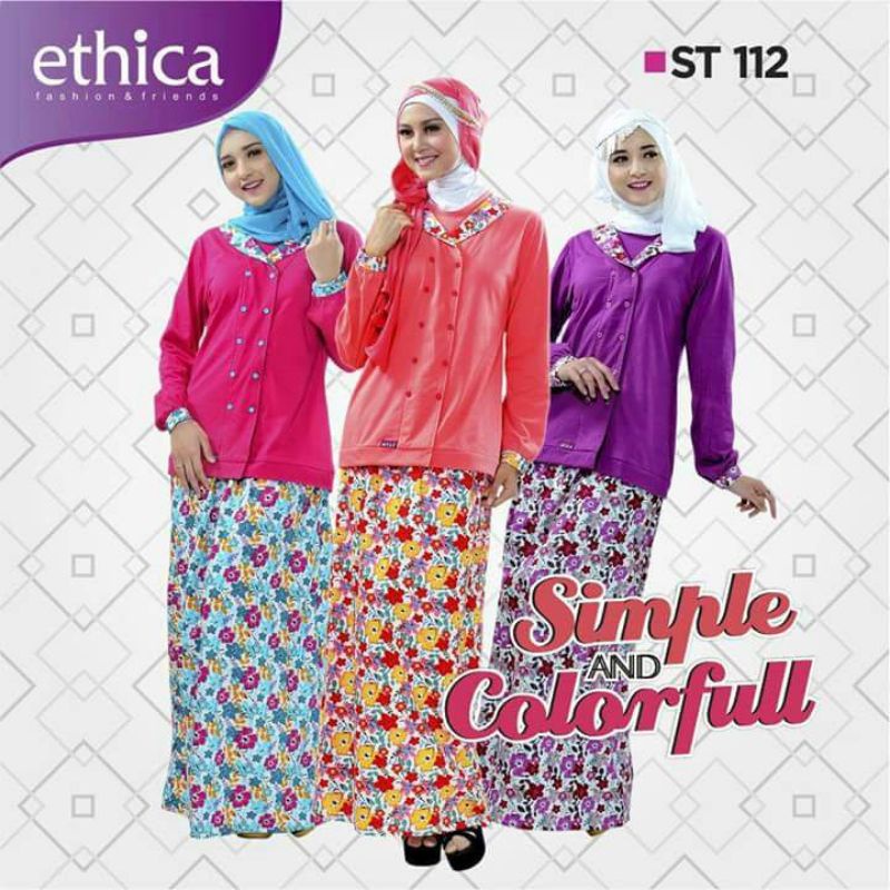 Setelan Muslim Wanita St 112 Ethica Baju Muslim Atasan Kaos Rok Katun Motif Set
