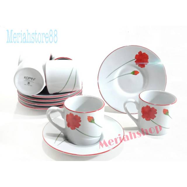 Gelas Cangkir Espresso Taniti Kopi 6 set Cup Tatakan Coffee Rose Mawar
