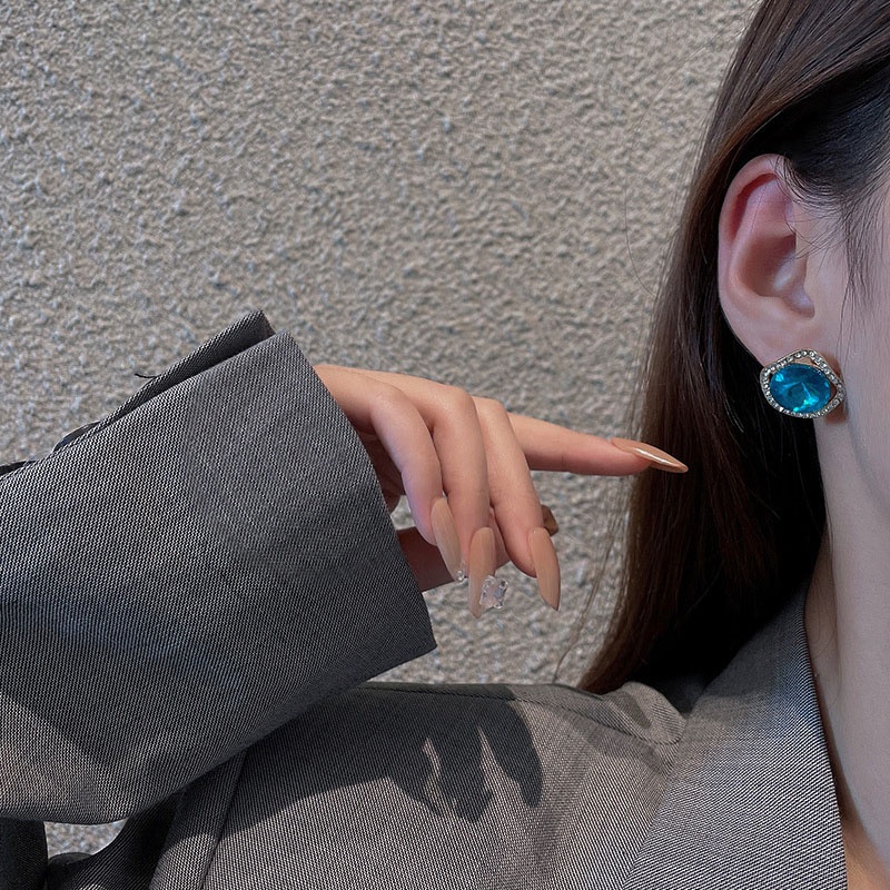 Anting Stud silver needle 925 Hias Kristal Berlian Biru Kilau Geometris Untuk Wanita