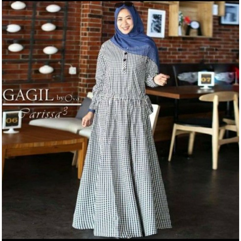 Baju Gamis Syar'i Wanita Terbaru Parissa Maxi Dress Katun Kotak Motif-Hitam