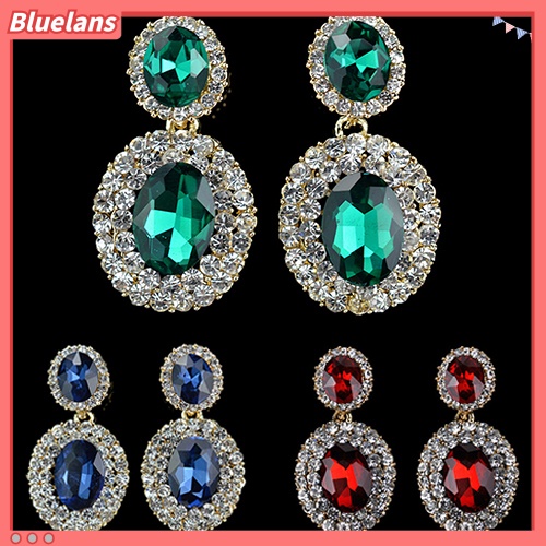 Bluelans Women Vintage Luxury Geometric Oval Rhinestone Pendant Dangle Drop Earrings