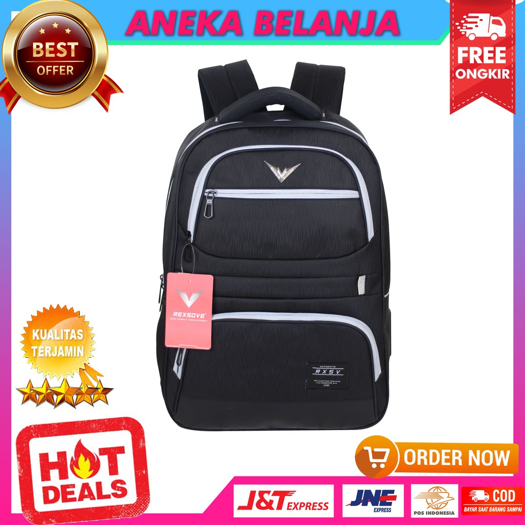 Tas Punggung Stylish Khusus Cowok Terbaru Model Rexsove Hitam Imitasi Hitam Backpack Pria Sekolah  Kuliah Kerja Hangout Multifungsi Free Raincover + Slot Laptop Bahan Awet Tebal Harga Termurah Terlaris Berkualitas