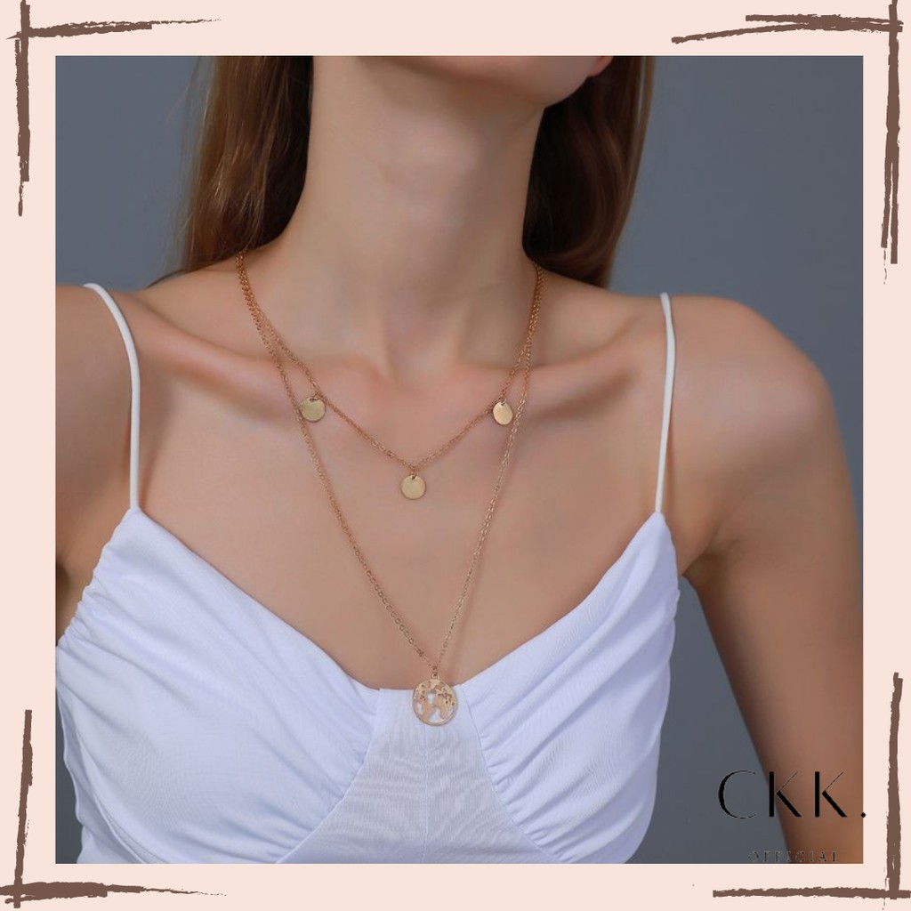 ➰CKK➰ Hanzel Earth Neclace FA108 Kalung 2layer peta bumi wanita