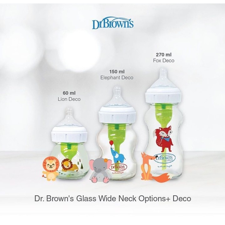 Dr. Brown's Glass Wide Neck Options+ Bottle with Cartoon Deco / Botol Susu Kaca