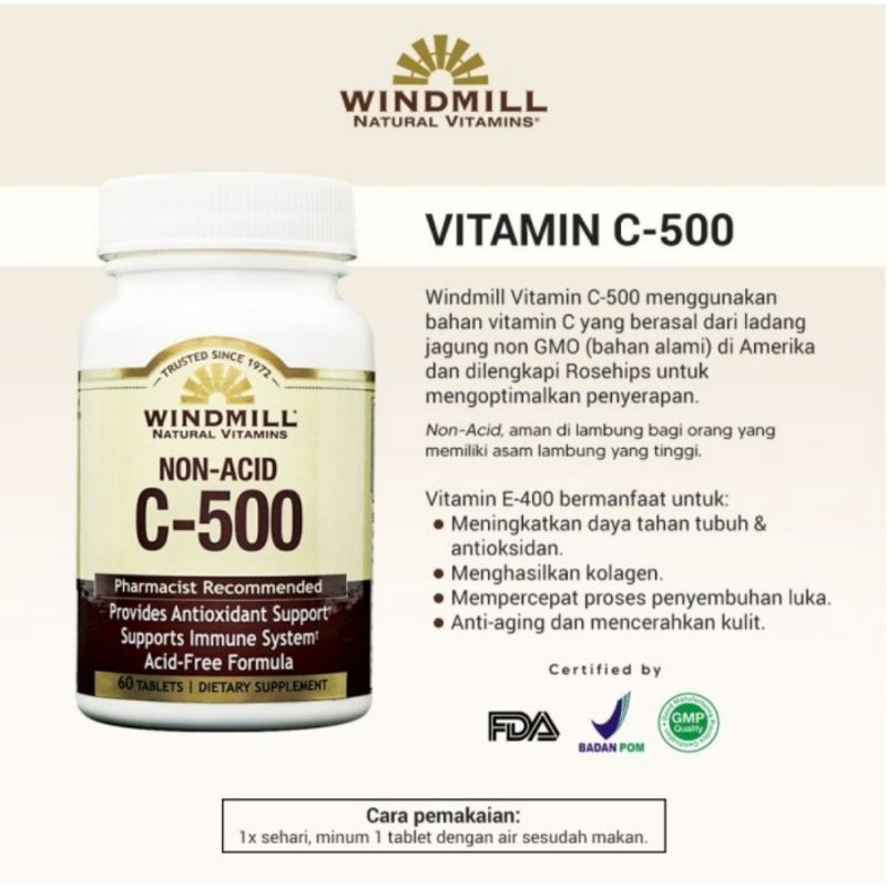 WINDMILL VITAMIN C 500 MG x 60 TABLET BPOM NOT NOW FOODS FOOD PURITANS PRIDE