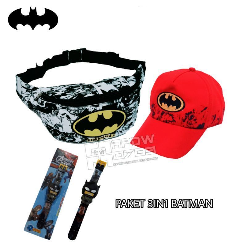 Paket Hemat 3in1 Tas Waistbag Batman Dinir+ Topi Bordir + Jam Tangan Pencet