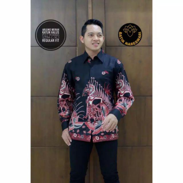 ( 1kg=4pcs) Kemeja Batik Lengan Panjang Batik Ori Nareswari Arjuno Merah Batik Solo Seragam Batik