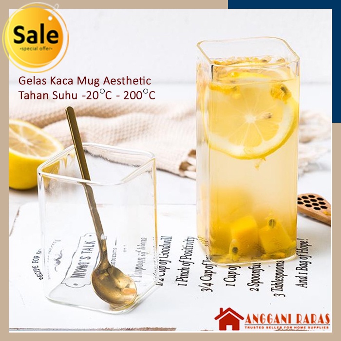 Gelas Mug Unik Kaca Bening Kotak Gelas Es Teh Jus Anti Panas Dingin 250ml dan 400ml