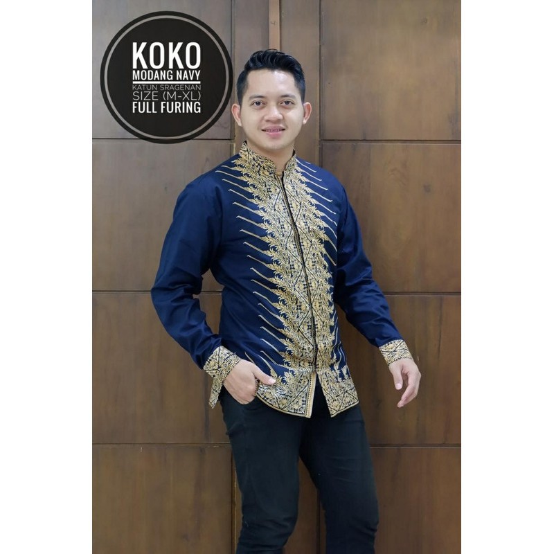 MODANG NAVY KEMEJA BAJU KOKO Batik Pria Lengan Panjang Katun Halus FULL FURING Batik SOLO