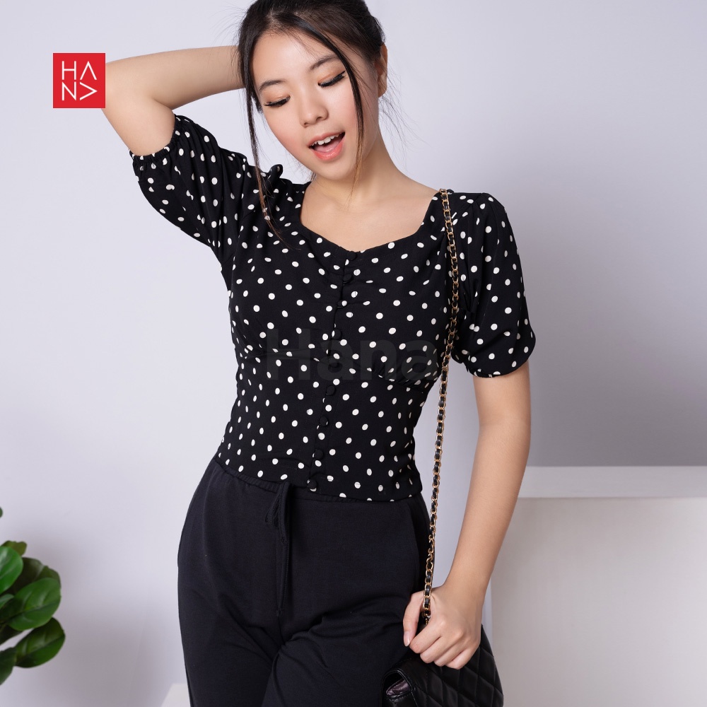 Hana Fashion - Clara Polka Puff Sleeve Blouse Atasan Wanita Gaya Korea - SB203