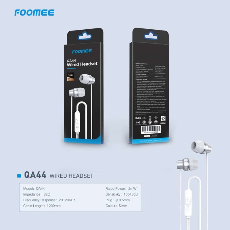 Wired Headset FOOMEE QA44 Earphones FOOMEE QA44 Mega Bass HIFI