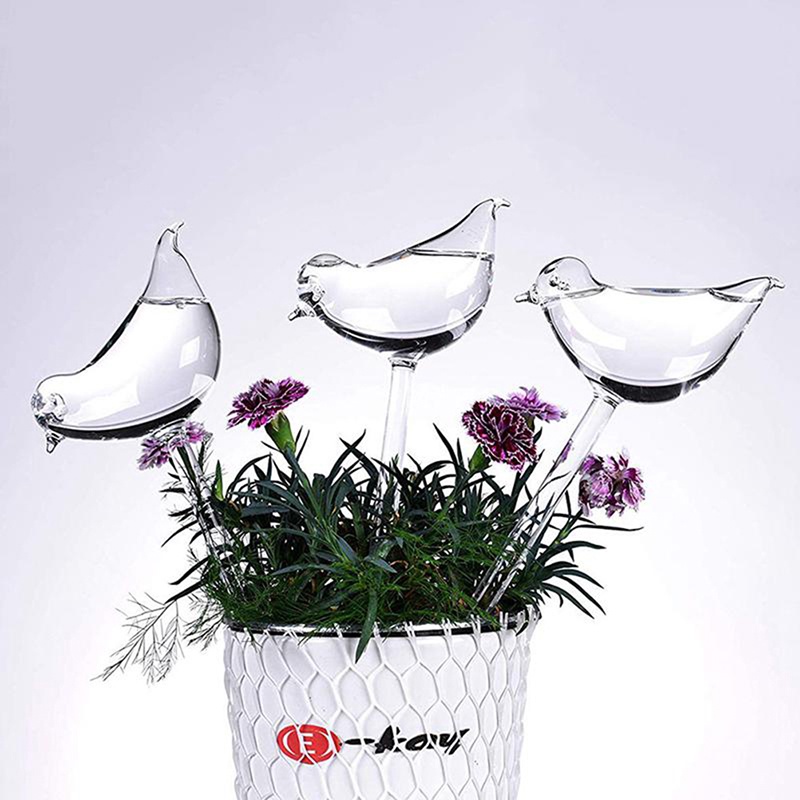 %Home &amp; living%%Plant Waterer Self Watering Globes, Bird Shape Hand Blown Clear Aqua Bulbs