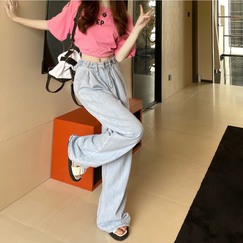 celana jeans wanita terbaru/celana panjang kaki lebar lurus longgar pants Kekinian Celana High Waist