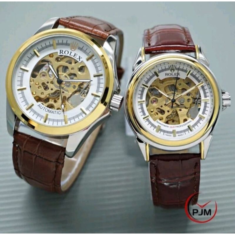 Jam Tangan Couple Rolex Automatic Transparan Tali Kulit