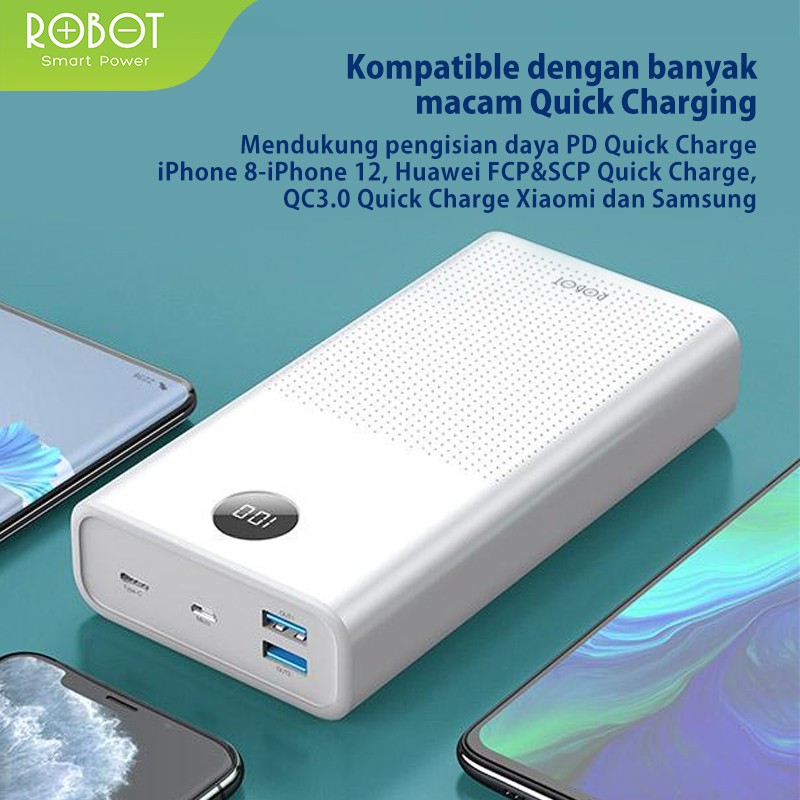 (GA2) PowerBank ROBOT 30000mah RT30 2.4A Dual Input Port Type C &amp; Micro USB 3 Output Original Fast Charging Real Capacity LED Indicator - Garansi Resmi 1 Tahun