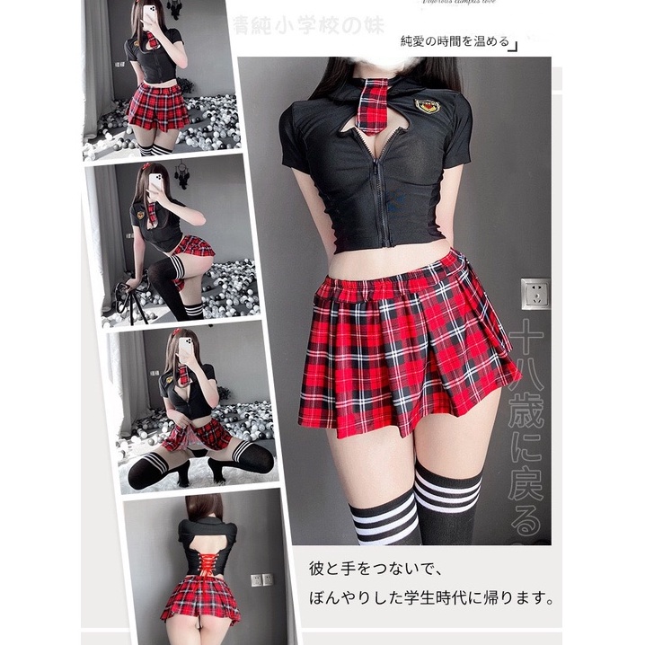 Lingerie Sexy hot leher V Seragam Cosplay Set Rok Mini lipit Lingerie Wanita A357