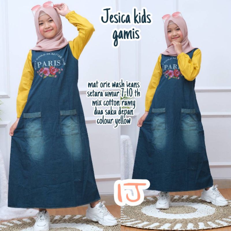 Gamis Jeans Anak Kombinasi Katun Salur Paris