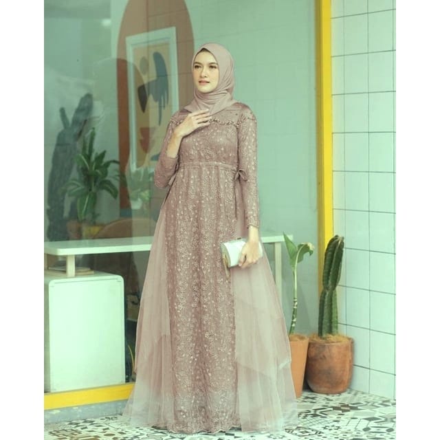 AZKANA BATIK - Gamis Brukat Maxi Dress Auliya Lengan Panjang Baju Kondangan Wanita Kekinian Dress Bridesmaid Brukat Tulle Mix Payet Mutiara Gamis Lebaran 2023